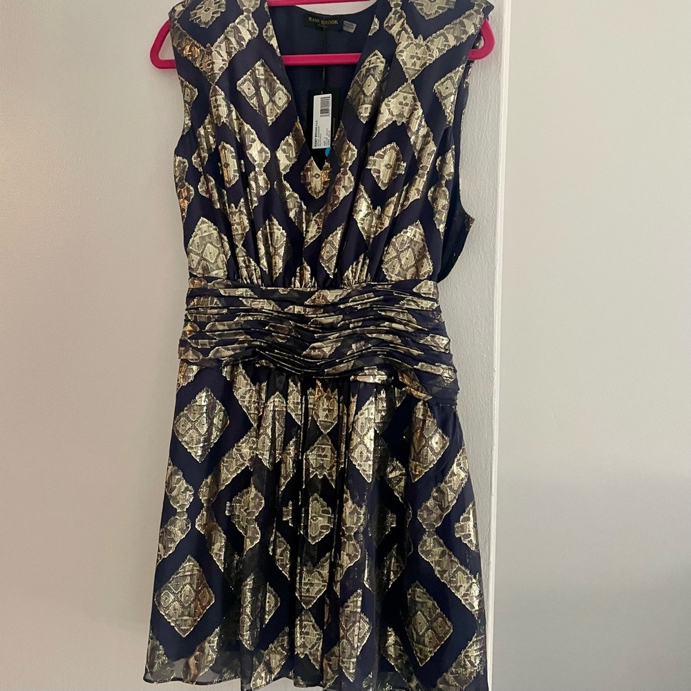 Ramy Brook Navy and Gold Patterned Dress NWT